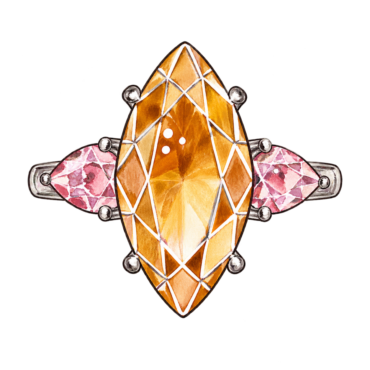 Front-facing illustration of a marquise-cut golden gemstone ring with pink side stones